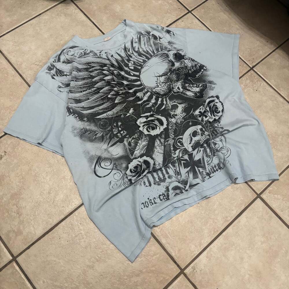 Affliction × Vintage emo Blue Affliciton T Shirt y2k Skull Cross Wings Tee